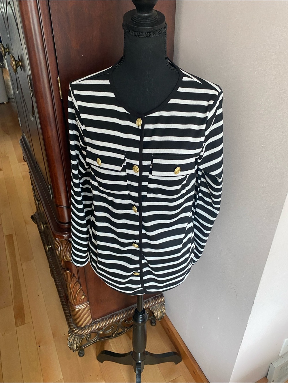 Striped Black & White Gold Button Cardigan